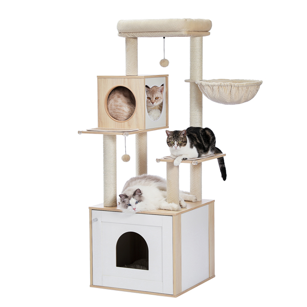 56.7" Cat Tree with Litter Box Enclosure Large, Wood Cat Tower for Indoor Cats with Storage Cabinet and Cozy Cat Condo, Sisal Covered Scratching Post and Repalcable Dangling Balls, Beige (Unable to sh
