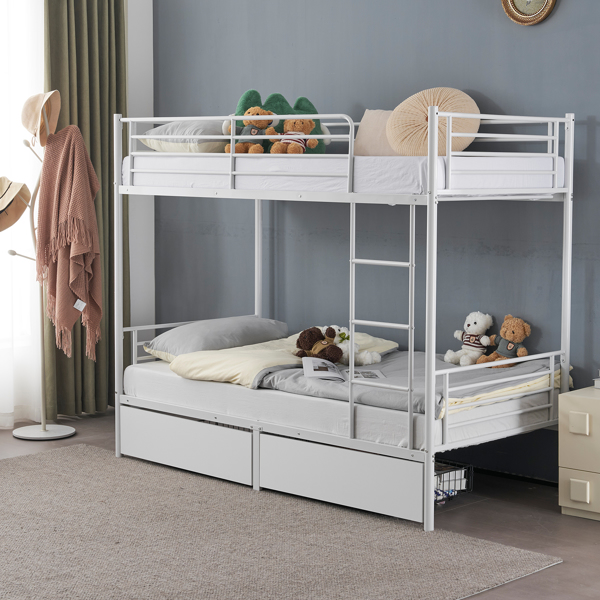 Twin Over Twin Bunk Bed with Two Storage Drawers & Full-Length Guard Rail, Heavy Duty Metal Bunk Bed for Kids Teens Adults, White