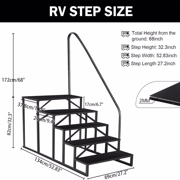 RV Steps with Handrail, 5 Step RV Stairs 660 lbs Load Capacity, Step Ladder with Anti-Slip Panel, Mobile Home Stairs for Travel Trailers