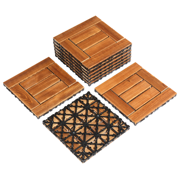 9pcs Wood Interlocking Deck Tiles 11.8"x11.8", Waterproof Flooring Tiles for Indoor and Outdoor, Patio Wood Flooring for Patio Porch Poolside Balcony Backyard, Checked Pattern