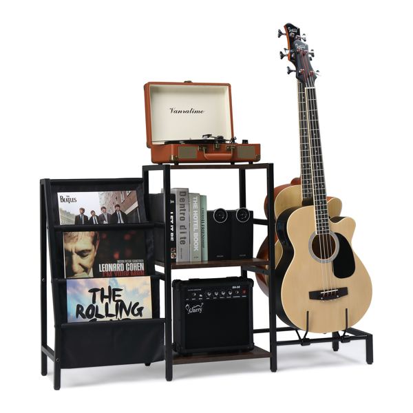 Multifunction Guitar Stand with 2-Tier for Acoustic, Electric Guitar, Bass and 3-Tier Vinyl Record Storage for record, Guitar Rack Holder Adjustable for Guitar Amp , Vinyl record player