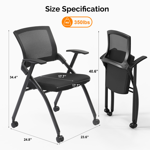 2 Pack Stackable Conference Room Chairs with Wheels, Folding Office Chair with Rebound Back, Padded Seat for Training Room, Guest, Reception, Event, Capacity 350lbs, Black