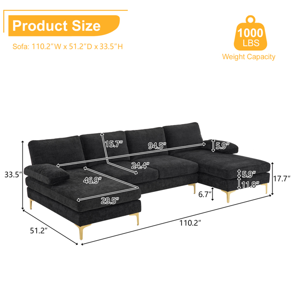U-Shaped 4-Seat Indoor Modular Sofa Black--Same type:97152732