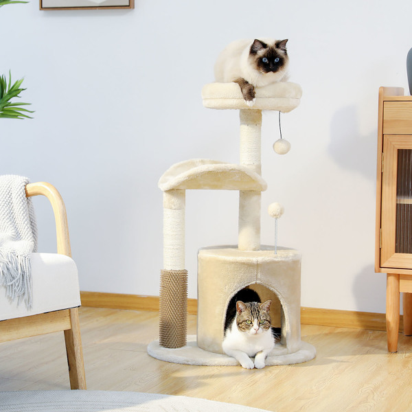 Small Cat Tree for Indoor Cats, Medium Cat Tower with Interactive Cat Toy, 32.7" Cat Condo with Self Groomer Brush, Natural Cat Scratching Post, Dangling Balls for Small & Medium Cats, Beige(Unable to