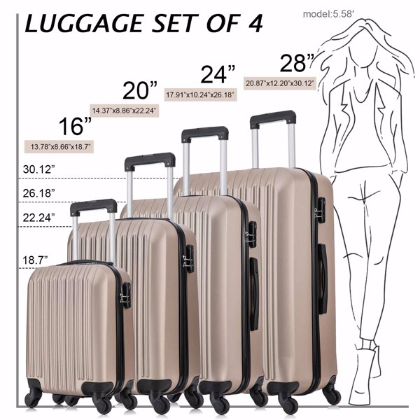 4 Piece Set Luggage Sets Suitcase ABS Hardshell Lightweight Spinner Wheels Champagne Gold