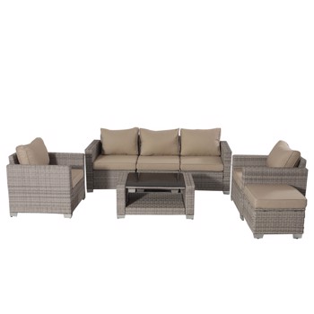 Patio Furniture,7 Pieces Outdoor Wicker Furniture Set Patio Rattan Sectional Conversation Sofa Set with Ottoman and Glass Top Table for Balcony Lawn and Garden (NO TEMU)