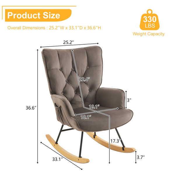 Rocking Chair Nursery, Upholstered Glider Rocker with High Backrest, Stylish Modern Rocking Accent Chair Glider Recliner for Living Room Nursery Bedroom, Dark Grey