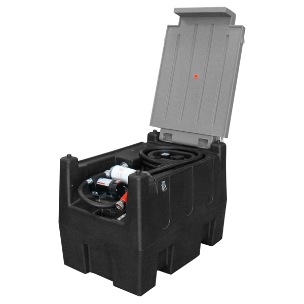 50 gallon portable fuel dispenser set in black and gray