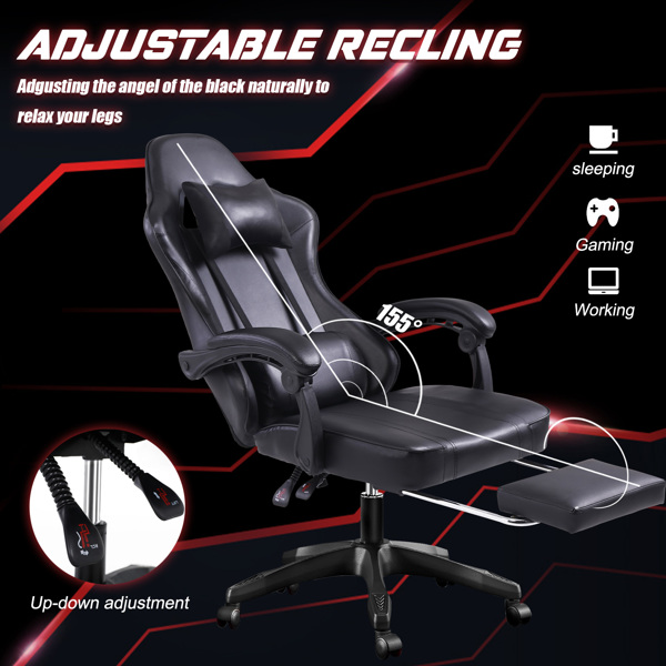 Video Game Chairs for Adults, PU Leather Gaming Chair with Footrest, 360°Swivel Adjustable Lumbar Pillow Gamer Chair, Comfortable Computer Chair for Heavy People, Black