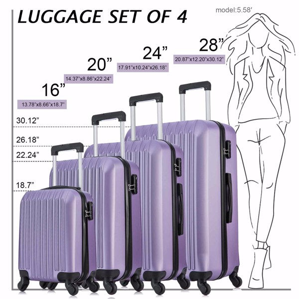 4 Piece Set Luggage Sets Suitcase ABS Hardshell Lightweight Spinner Wheels Purple