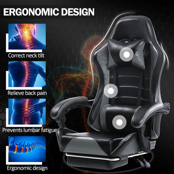 Game Chair, Adult Electronic Gaming Chair, Ergonomically Designed, PU Leather, Lounge Chair with Footstool and Waist Support, Office Chair, Gray
