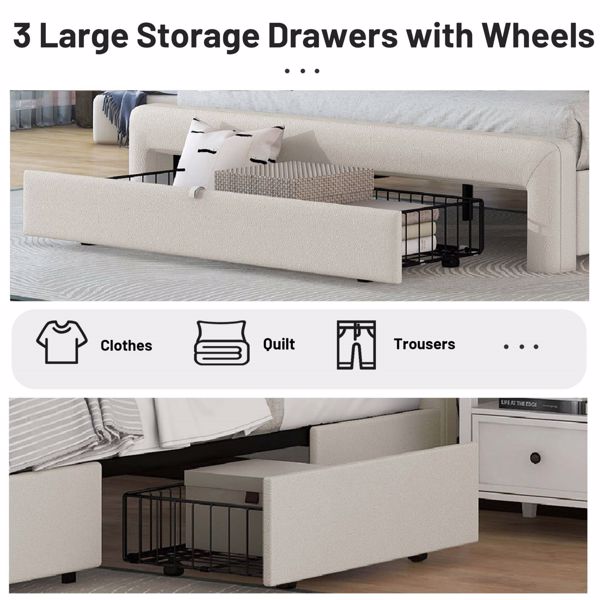 Queen Size Bed Frame with Drawer Storage, Leather Upholstered Platform Bed with Charging Station - Beige