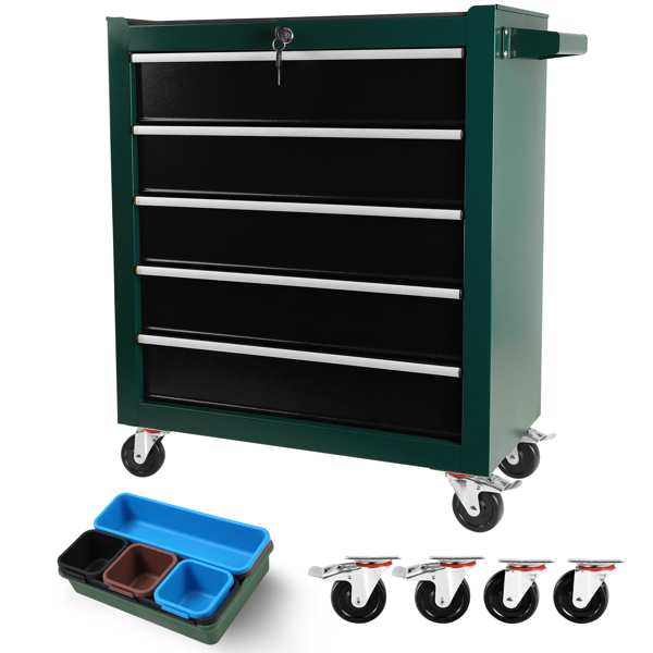 Rolling Tool Chest, 5-Drawer Toolbox on Wheels, Tool Cabinet Lockable and Movable with Tool Box Organizer Tray for Workshop, Garage, Mechanics and Repair Room (Green)