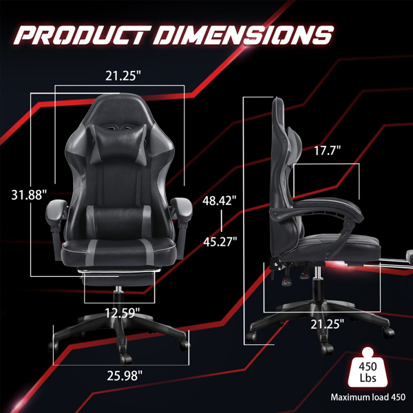 Video Game Chairs for Adults, PU Leather Gaming Chair with Footrest, 360°Swivel Adjustable Lumbar Pillow Gamer Chair, Comfortable Computer Chair for Heavy People, Gray