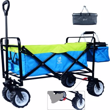 Collapsible Heavy Duty Beach Wagon Cart All Terrain Beach Wheels Large Capacity Outdoor Folding Utility Camping Garden Cart Brake & Aluminum Frame Cooler Bag for Beach Camping Shopping (blue＆green）