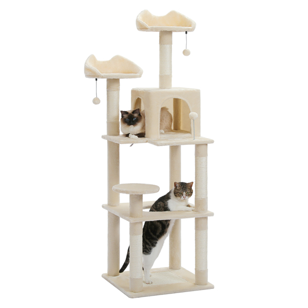 63'' Multi-Level Cat Tree Cat Tower for Indoor Cats with Sisal-Covered Scratching Post, Cozy Cat Condo, Cat Hammock and Wide Top Perch, Beige(Banned shein,unable to ship on weekends)