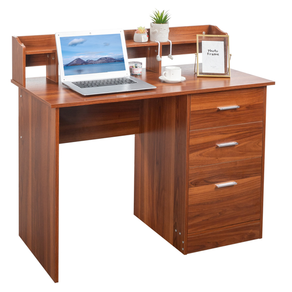 Walnut relief, particle board with melamine laminated board, desktop storage layer, 110*50*95cm, three drawers, computer desk, can hang letter size documents