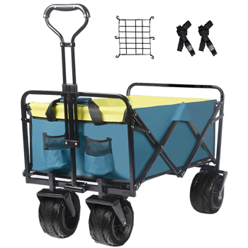 Collapsible Heavy Duty Beach Wagon Cart Outdoor Folding Utility Camping Garden Beach Cart with Universal Wheels Adjustable Handle Shopping (Green＆Blue)