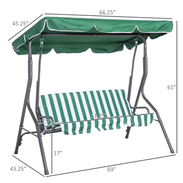 3-Seat Outdoor Porch Swing-Green  (Swiship ship)（ Prohibited by WalMart ）