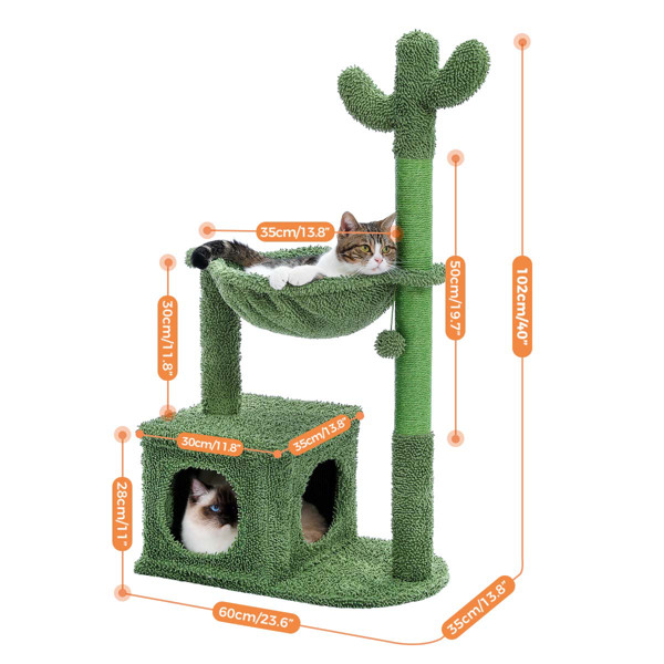 Cactus Cat Tree 40" Cat Tower with Large Metal Carpet Hammock, Cat Scratching Post for Indoor Cats with Condo& Dangling Ball, Green 