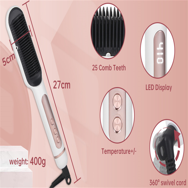 Negative Ionic Hair Straightener Brush with 9 Temp Settings, 30s Fast Heating, Hair Straightening Comb with LED Display, Anti-Scald & Auto-Shut Off Hair Straightening Iron (White)