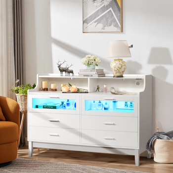 White Wood Tempered Glass Drawer Dresser with LED Light Strips & Charging Station & USB Ports Bed Table