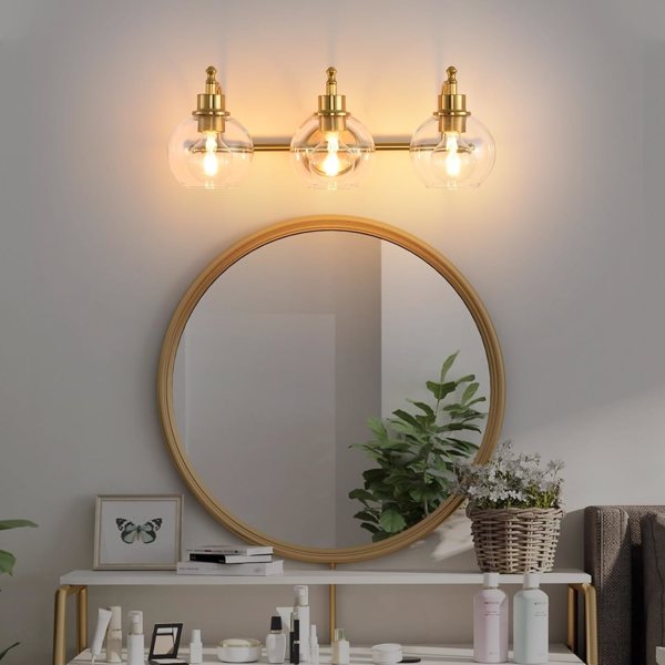 3-Lights Bathroom Vanity Lighting Fixtures Brushed Gold Modern Vanity Light 22Inch Bathroom Light Fixture Bathroom Lights Over Mirror with Clear Glass Shade for Living Room, Kitchen（E26 Base） [bulb no
