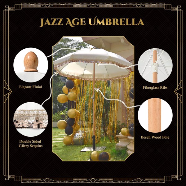 Palm Springs Jazz Era Bohemian Tassel Patio Umbrella with Handbag and Lid Vintage Wood Activity Outdoor Garden Courtyard Deck Wedding Theme Restaurant Cafe Small Tavern Set（No shipping on weekends.）
