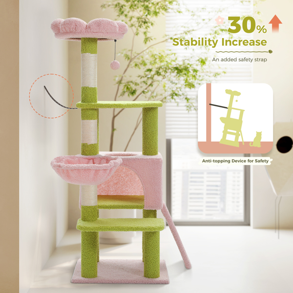 Flower Cat Tree47.2"Multi-Level Cat Tower with Sisal Covered Scratching Posts,Cute Cat Condo for Indoor Small Medium Cats,Pink Top Perch,Ramp,Fluffy Ball,Green(Banned shein,unable to ship on weekends)