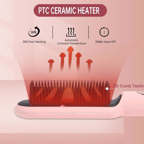 Negative Ionic Hair Straightener Brush with 9 Temp Settings, 30s Fast Heating, Hair Straightening Comb with LED Display, Anti-Scald & Auto-Shut Off Hair Straightening Iron (Pink)