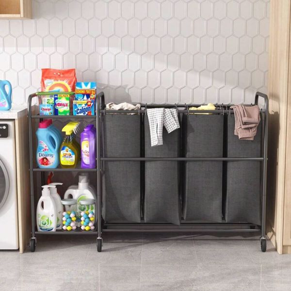 4 Bag Laundry Sorter Cart With Storage Shelf, Laundry Hamper Sorter With Rolling Wheels And Removable Bags For Clothes Storage,Laundry Organizer Basket Laundry Clothes Hamper, Black（it isn't able to s