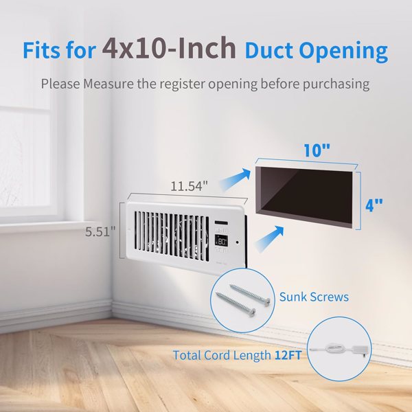 4” x 10” Ultra-Quiet Register Booster Fan Auto-Fan Speed Adjust with Thermostat Control Ac Vent Booster Fan for Better Heating and Cooling White[Unable to ship on weekends, please place orders with ca