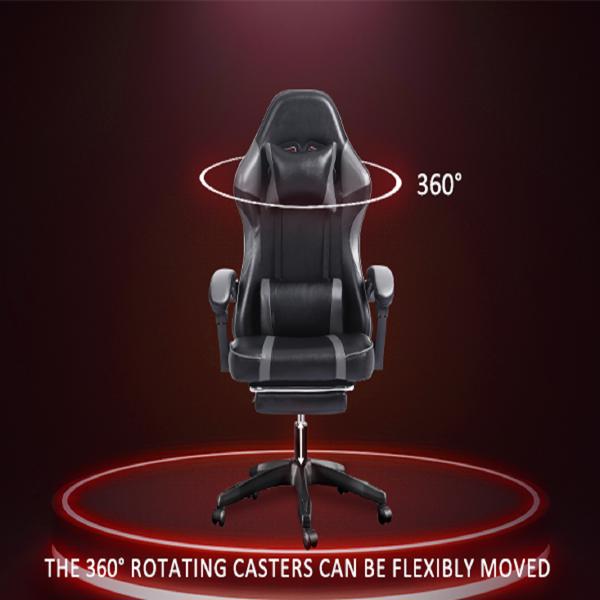 Video Game Chairs for Adults, PU Leather Gaming Chair with Footrest, 360°Swivel Adjustable Lumbar Pillow Gamer Chair, Comfortable Computer Chair for Heavy People, Gray