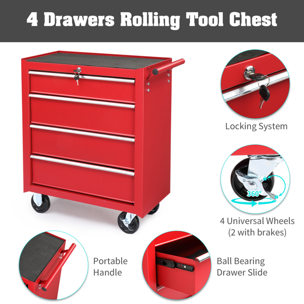 Steel maintenance tool cart single base cabinet 4 drawers 330lb red