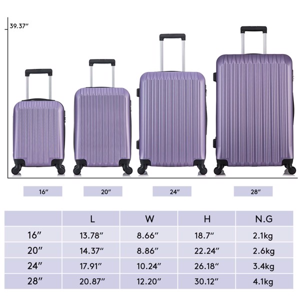 4 Piece Set Luggage Sets Suitcase ABS Hardshell Lightweight Spinner Wheels Purple