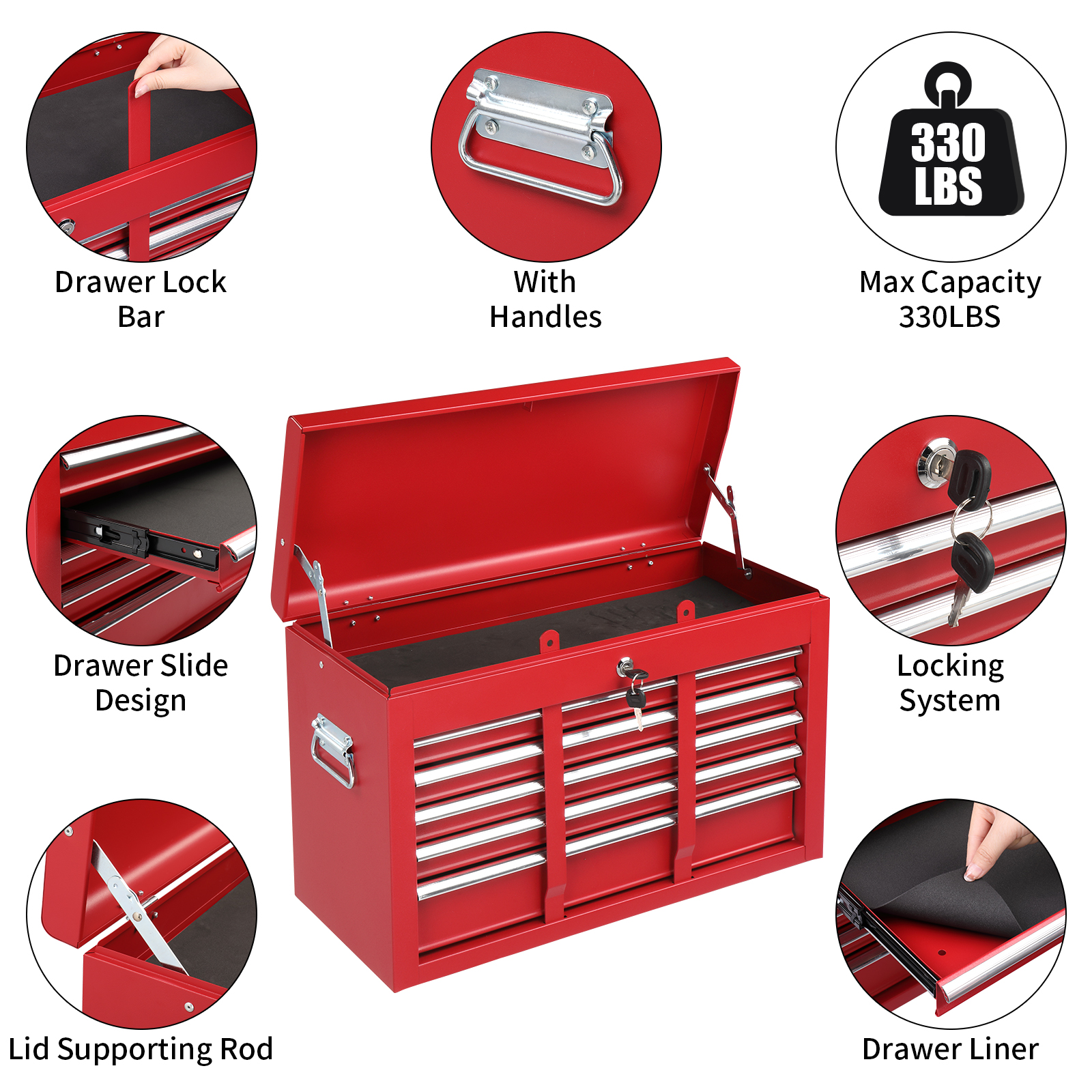 Steel maintenance tool cart cabinet 5 drawers with lock 330lb red view 5