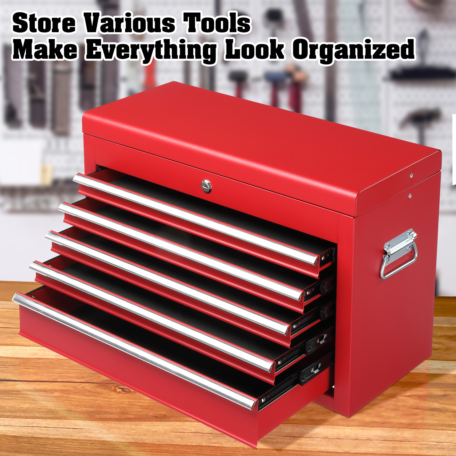 Steel maintenance tool cart cabinet 5 drawers with lock 330lb red view 1