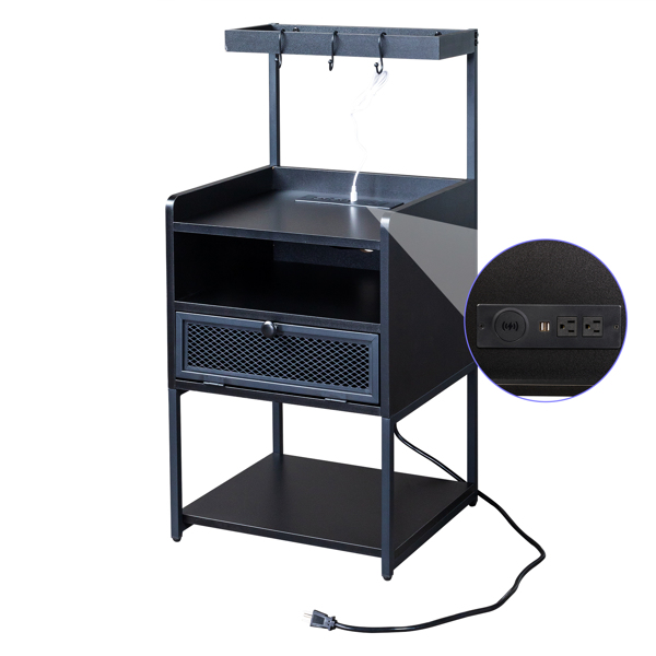 FCH Black Wood Steel 1 Drawer Shelf LED Light Strips Nightstand With Socket With Charging Station & USB Ports Bed Table