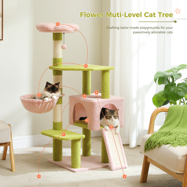 Flower Cat Tree47.2"Multi-Level Cat Tower with Sisal Covered Scratching Posts,Cute Cat Condo for Indoor Small Medium Cats,Pink Top Perch,Ramp,Fluffy Ball,Green(Banned shein,unable to ship on weekends)