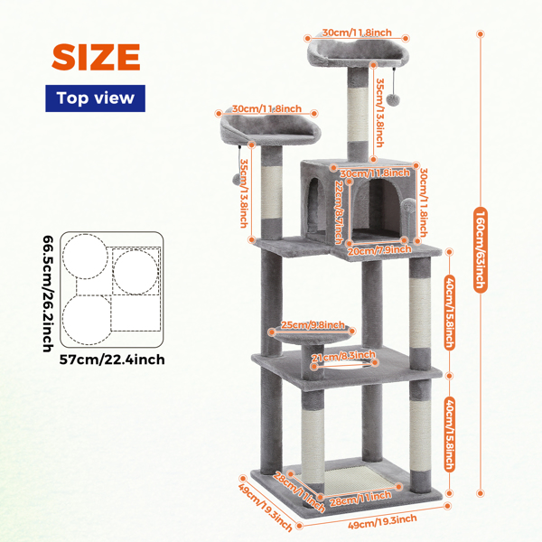 63'' Multi-Level Cat Tree Cat Tower for Indoor Cats with Sisal-Covered Scratching Post, Cozy Cat Condo, Cat Hammock and Wide Top Perch, Grey (Banned shein,unable to ship on weekends)