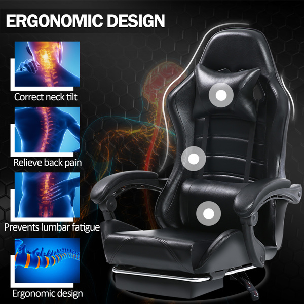 Game Chair, Adult Electronic Gaming Chair, Ergonomically Designed, PU Leather, Lounge Chair with Footstool and Waist Support, Office Chair, Black