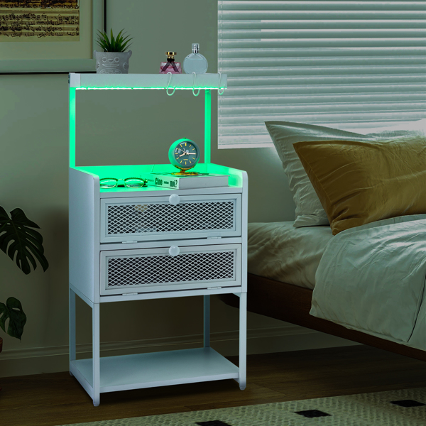 FCH White Wood Steel 2 Drawers Shelf LED Light Strips Nightstand With Socket With Charging Station & USB Ports Bed Table