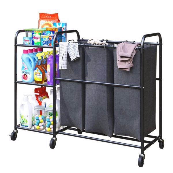 3 Bag Laundry Sorter Cart With Storage Shelf, Laundry Hamper Sorter With Rolling Wheels And Removable Bags For Clothes Storage,Laundry Organizer Basket Laundry Clothes Hamper, Black（it isn't able to s