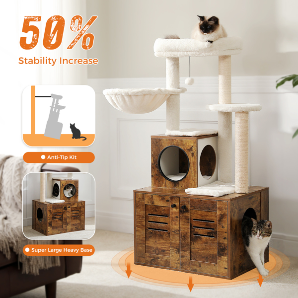 Cat Tree with Litter Box Enclosure, 50" Modern Cat Tree for Large/Fat Cats with Cat Condo, Wooden Cat Furniture with Large Hammock and Top Perch, Complimentary cat litter box，Brown 