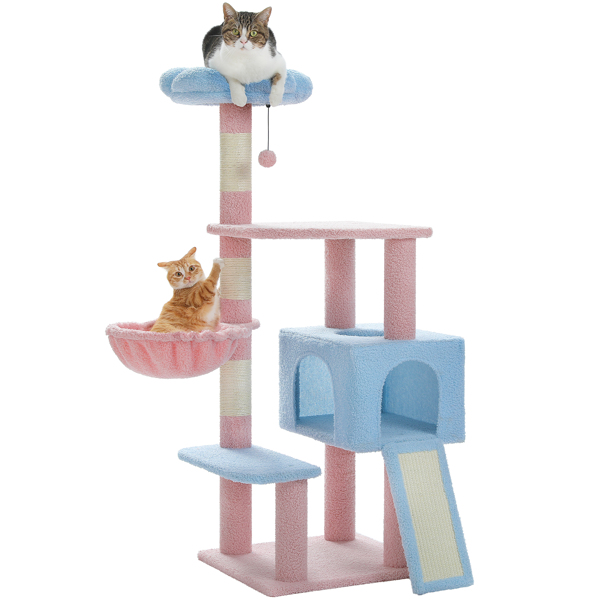  Flower Cat Tree 47.2" Multi-Level Cat Tower with Sisal Covered Scratching Posts, Cute Cat Condo for Indoor Small Medium Cats, Pink Top Perch, Ramp, Fluffy Ball, Blue 