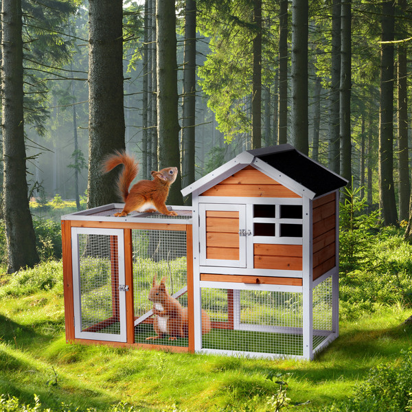Wooden Rabbit Hutch Outdoor Chicken Coop Indoor Bunny Cage with Run, Guinea Pig House Pet House with Pull Out Upper Tray, Orange