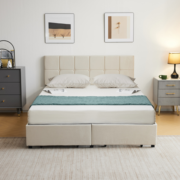 Queen Size Velvet Upholstered Platform Bed with Storage Drawers, Platform Bed Frame with Vertical Channel Tufted Wingback Headboard, No Box Spring Needed, Easy Assembly, Off-white