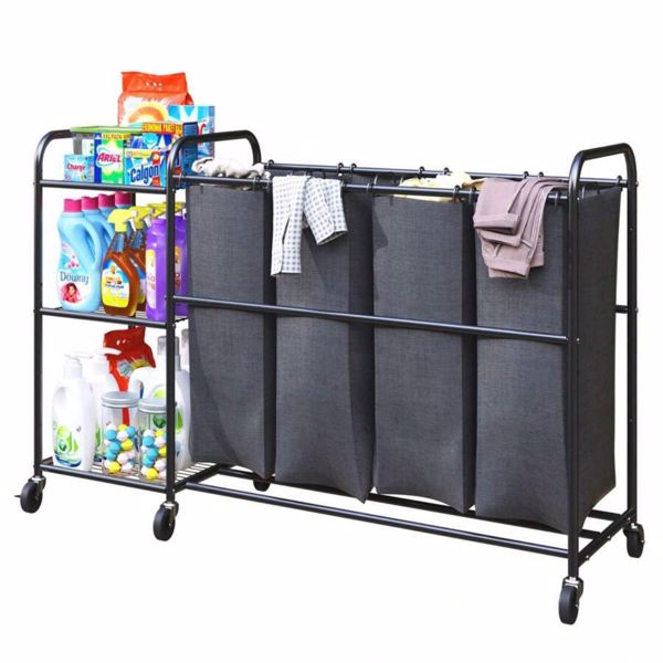 4 Bag Laundry Sorter Cart With Storage Shelf, Laundry Hamper Sorter With Rolling Wheels And Removable Bags For Clothes Storage,Laundry Organizer Basket Laundry Clothes Hamper, Black（it isn't able to s