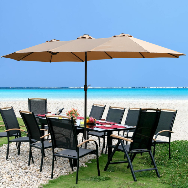15x9ft Large Double-Sided Rectangular Outdoor Twin Patio Market Umbrella with light and base- taupe [Sale to Temu is Banned.Weekend can not be shipped, order with caution]