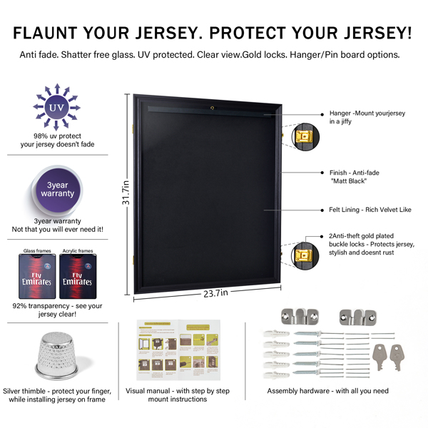 Shirt Display Frame With UV Resistant Acrylic and Hanger, Wall Mounted Baseball Basketball Football Hockey Shirt Display Frame Black